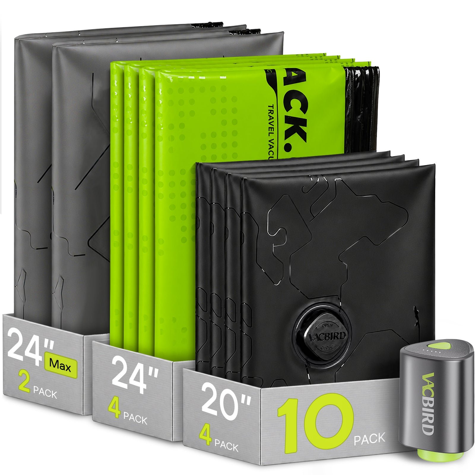 Vacbird Color-Coded – 10 Travel Vacuum Bags with Rechargeable Pump