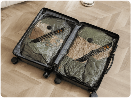 Clothing organized in vacuum bags